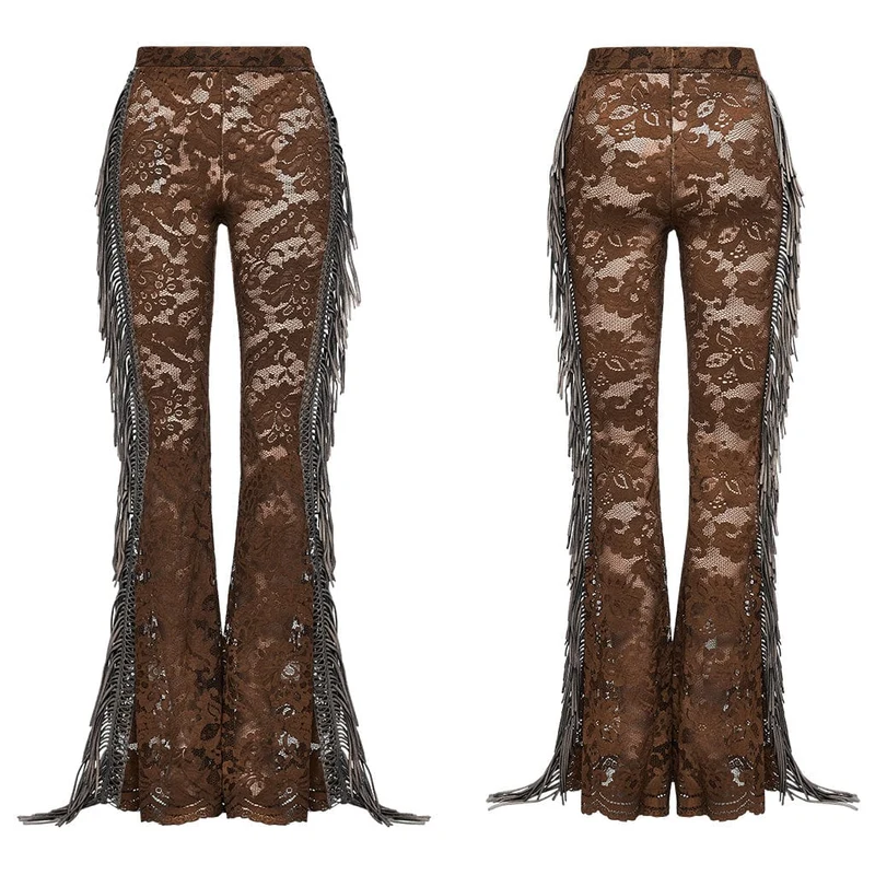 Damen Gothic Spitze Quasten Schlaghose Kaffee