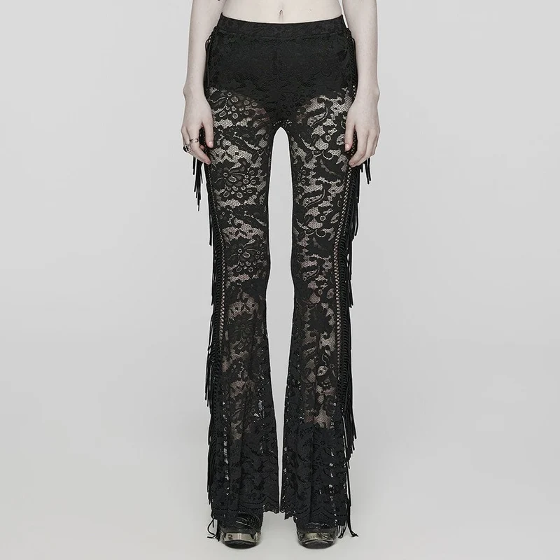 Damen Gothic Spitze Quasten Schlaghose Schwarz