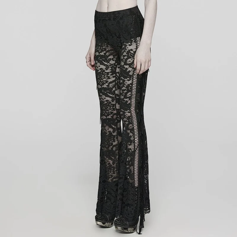 Damen Gothic Spitze Quasten Schlaghose Schwarz