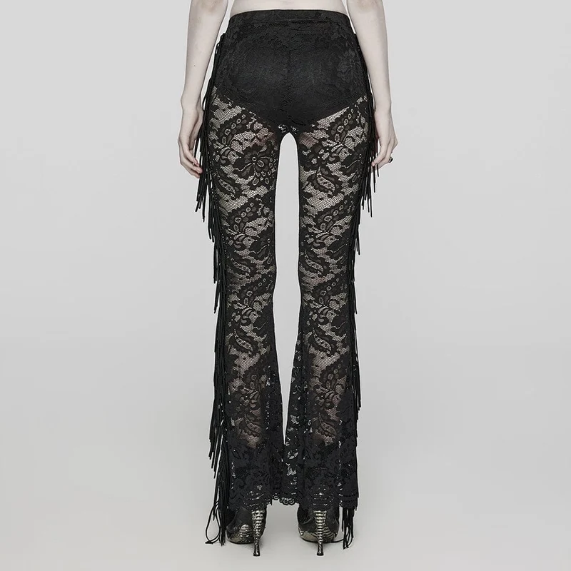 Damen Gothic Spitze Quasten Schlaghose Schwarz