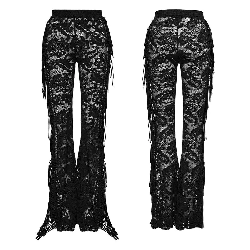 Damen Gothic Spitze Quasten Schlaghose Schwarz