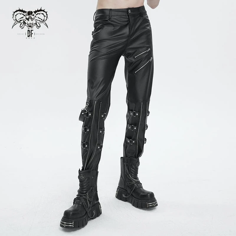 Herren Punk Zipper Kunstlederhose