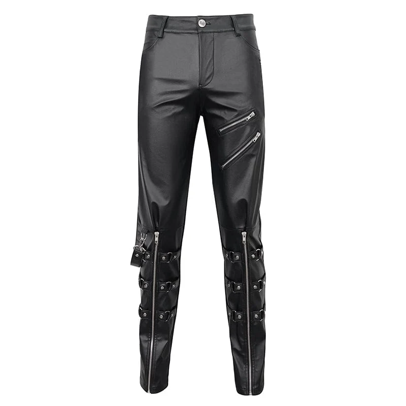 Herren Punk Zipper Kunstlederhose