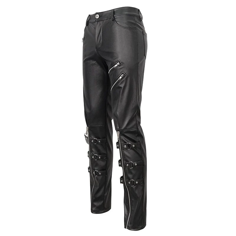 Herren Punk Zipper Kunstlederhose