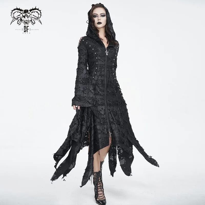 Damen-Gothic-Kleid mit unregelmäßigem, zerrissenem, langärmligem Saum und Kapuze