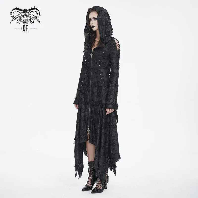 Damen-Gothic-Kleid mit unregelmäßigem, zerrissenem, langärmligem Saum und Kapuze