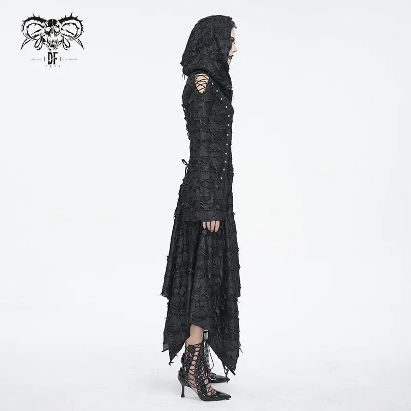 Damen-Gothic-Kleid mit unregelmäßigem, zerrissenem, langärmligem Saum und Kapuze