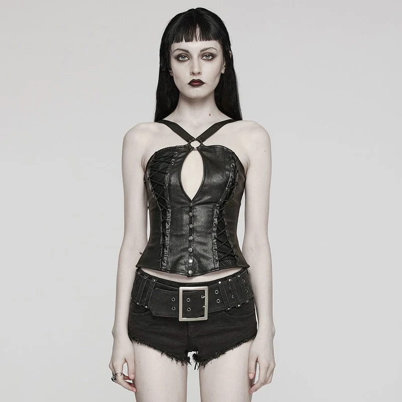 Damen-Tanktop mit Punk-Ausschnitt und Schnürung und Schnalle