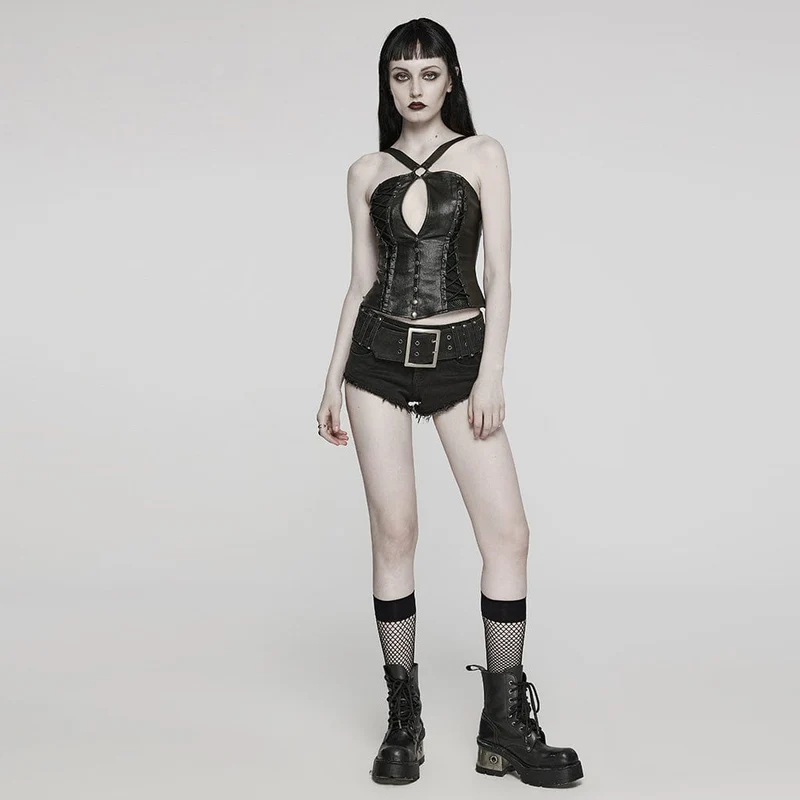 Damen-Tanktop mit Punk-Ausschnitt und Schnürung und Schnalle