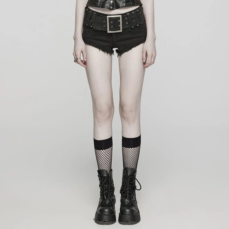 Damen-Jeansshorts mit Punk-Schnalle und Ösen