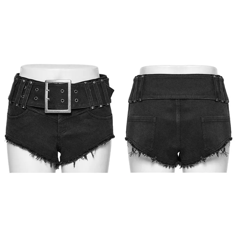 Damen-Jeansshorts mit Punk-Schnalle und Ösen