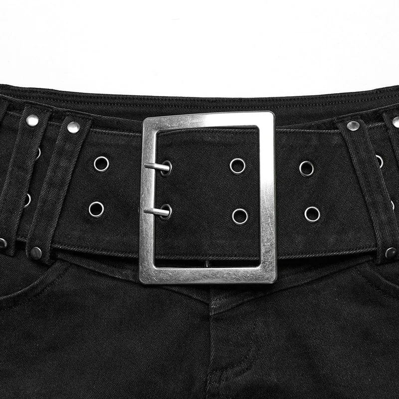 Damen-Jeansshorts mit Punk-Schnalle und Ösen