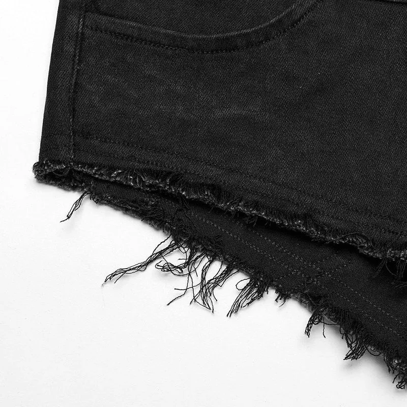 Damen-Jeansshorts mit Punk-Schnalle und Ösen