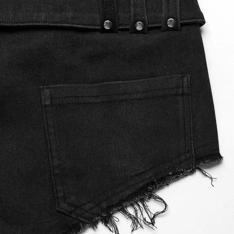 Damen-Jeansshorts mit Punk-Schnalle und Ösen