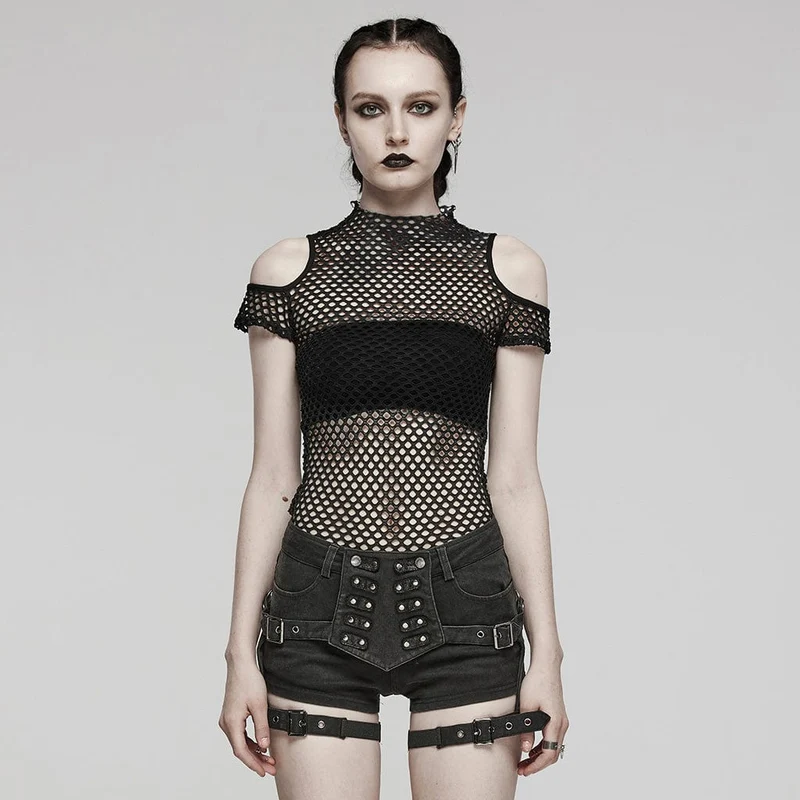 Damen-Punk-Top mit transparentem Ausschnitt und Netzstoff in Schwarz