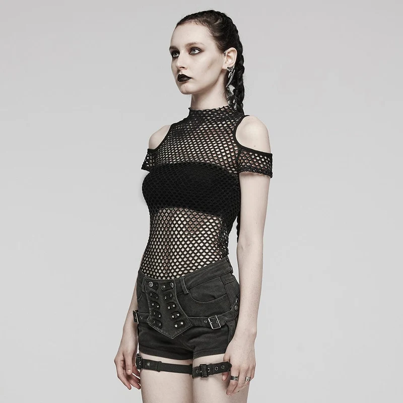 Damen-Punk-Top mit transparentem Ausschnitt und Netzstoff in Schwarz
