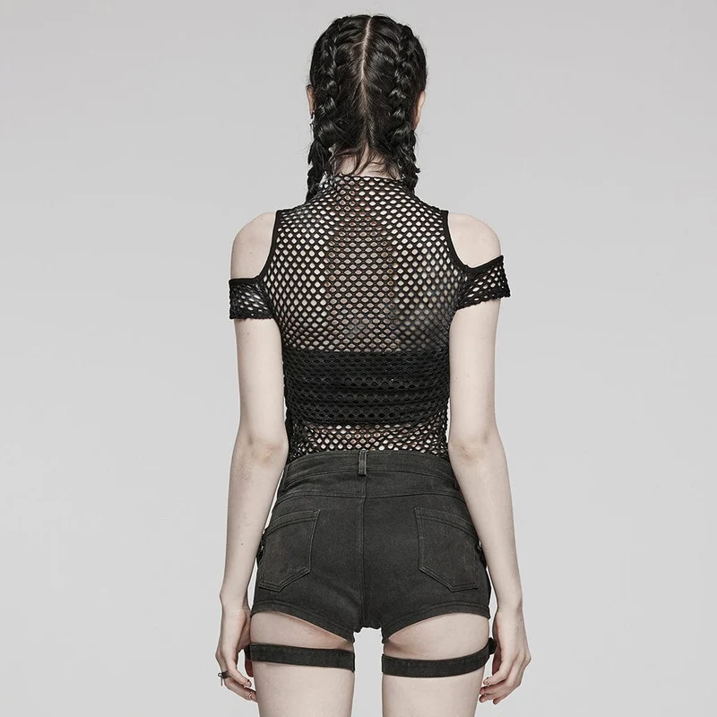Damen-Punk-Top mit transparentem Ausschnitt und Netzstoff in Schwarz