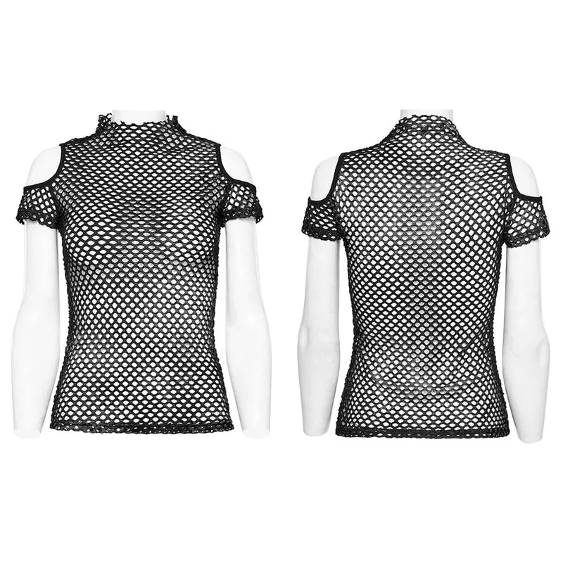 Damen-Punk-Top mit transparentem Ausschnitt und Netzstoff in Schwarz