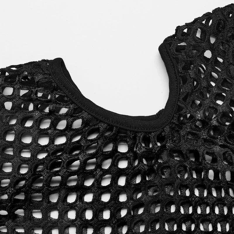 Damen-Punk-Top mit transparentem Ausschnitt und Netzstoff in Schwarz