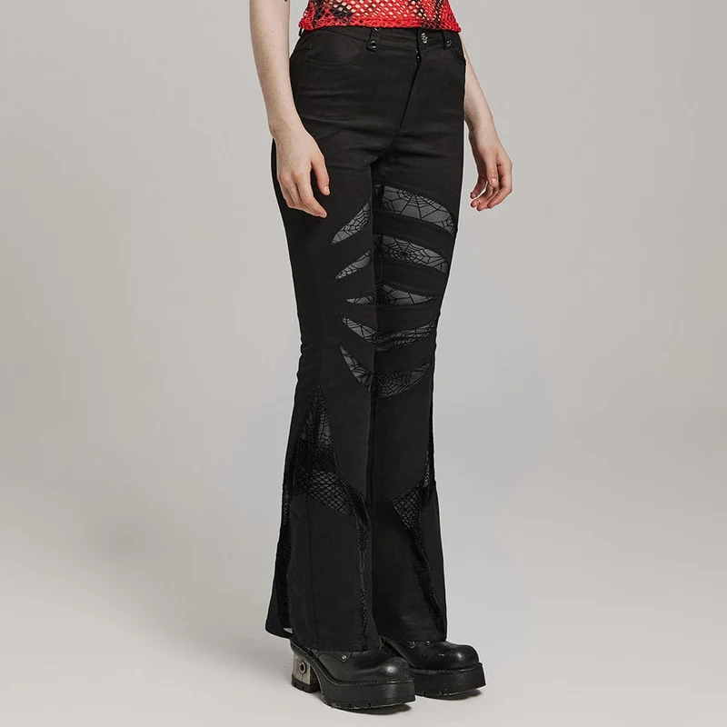 Damen Gothic Symmetrical Mesh Spitz ausgestellte Hose Schwarz