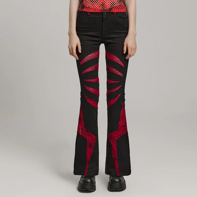 Damen Gothic Symmetrical Mesh Spitz ausgestellte Hose Schwarz-Rot