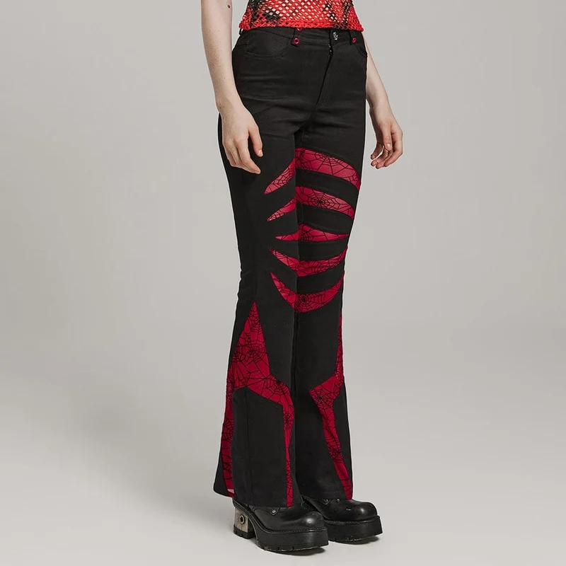 Damen Gothic Symmetrical Mesh Spitz ausgestellte Hose Schwarz-Rot