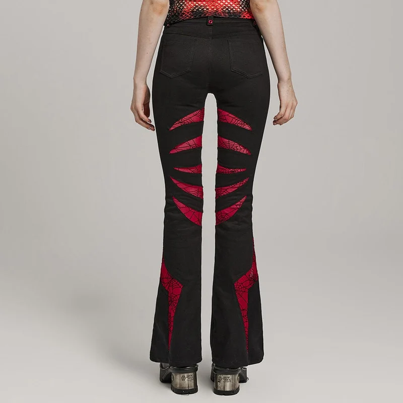 Damen Gothic Symmetrical Mesh Spitz ausgestellte Hose Schwarz-Rot