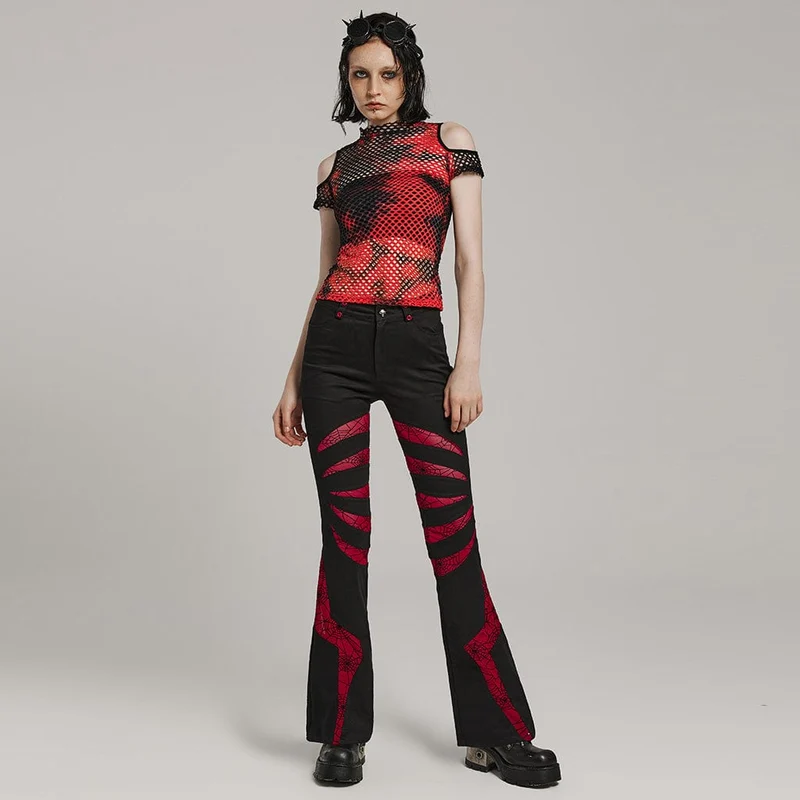 Damen Gothic Symmetrical Mesh Spitz ausgestellte Hose Schwarz-Rot