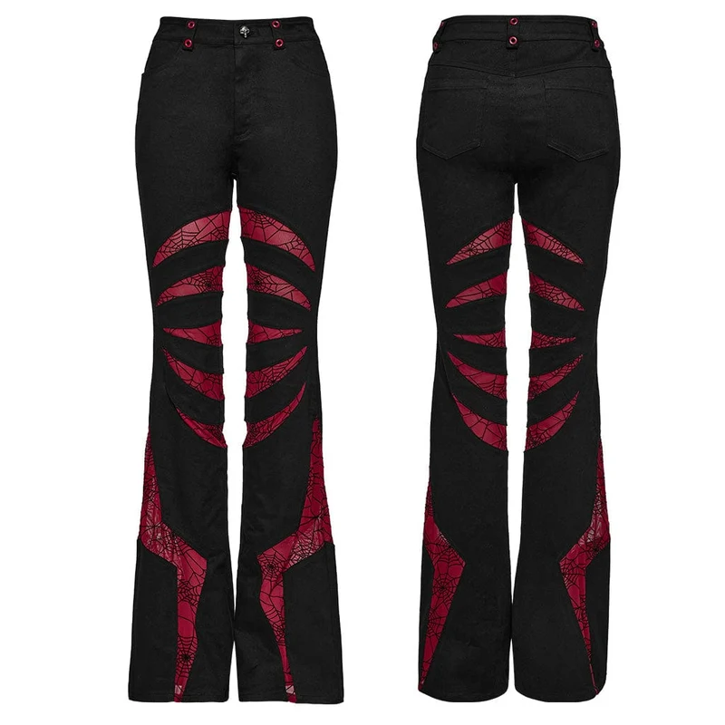 Damen Gothic Symmetrical Mesh Spitz ausgestellte Hose Schwarz-Rot