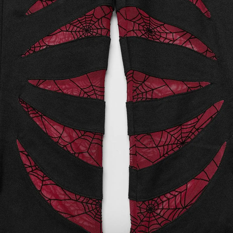 Damen Gothic Symmetrical Mesh Spitz ausgestellte Hose Schwarz-Rot