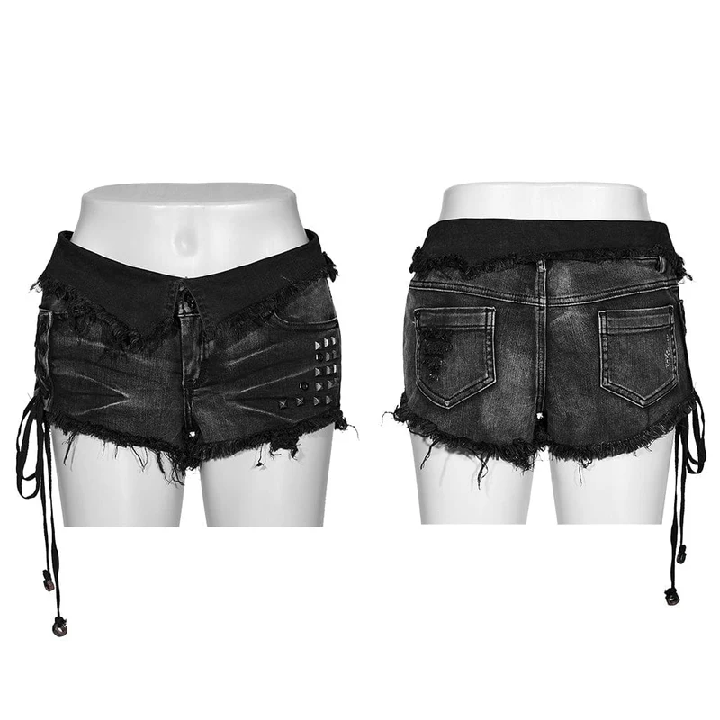 Damen-Jeansshorts mit Punk-Schnürung und Nieten