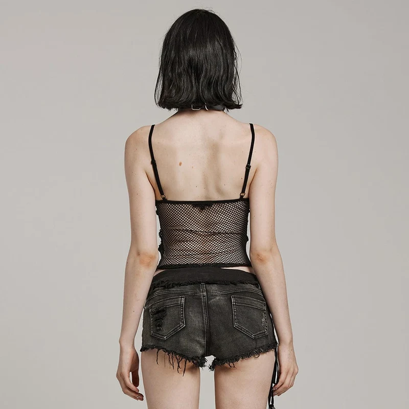 Damen-Tanktop mit Schnürung aus transparentem Netzstoff im Gothic-Stil
