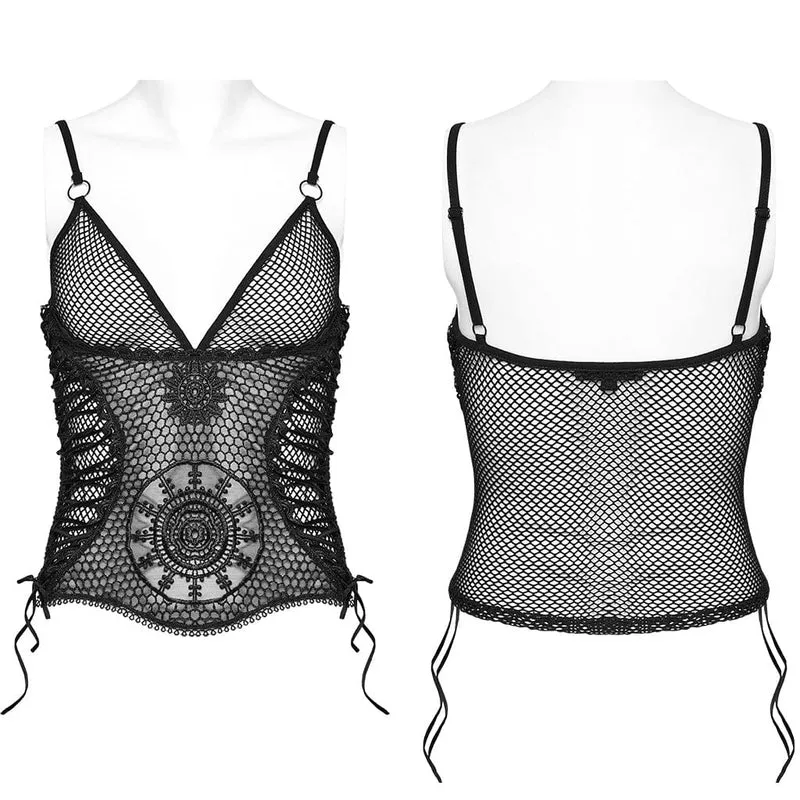 Damen-Tanktop mit Schnürung aus transparentem Netzstoff im Gothic-Stil