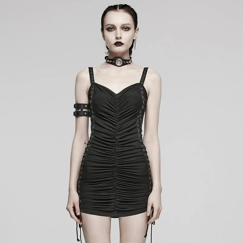 Damen-Slipkleid mit Punk-Schnalle und Schnürung im Distressed-Look, Schwarz
