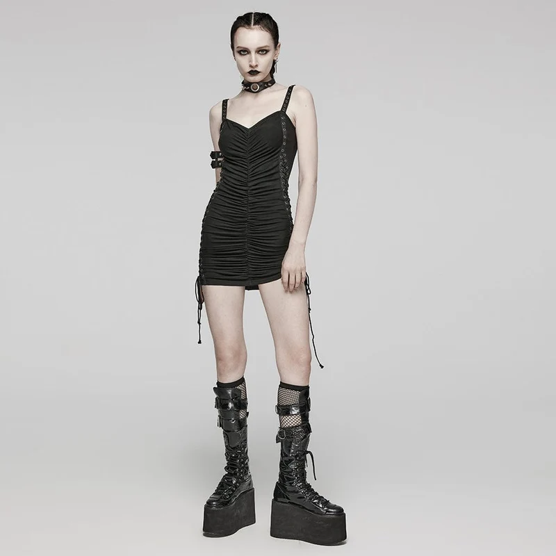 Damen-Slipkleid mit Punk-Schnalle und Schnürung im Distressed-Look, Schwarz