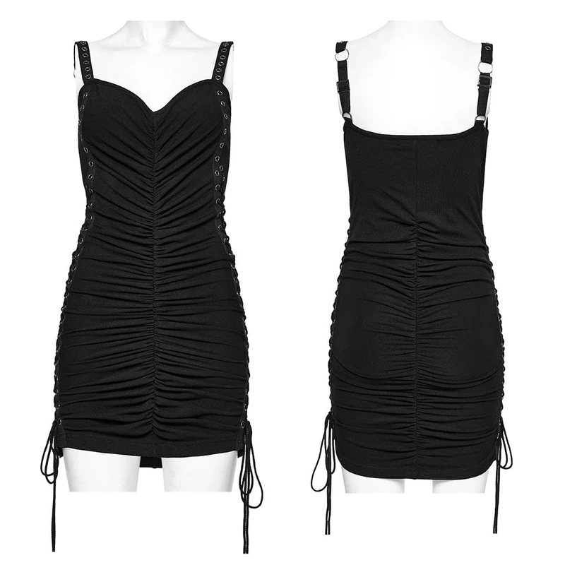 Damen-Slipkleid mit Punk-Schnalle und Schnürung im Distressed-Look, Schwarz