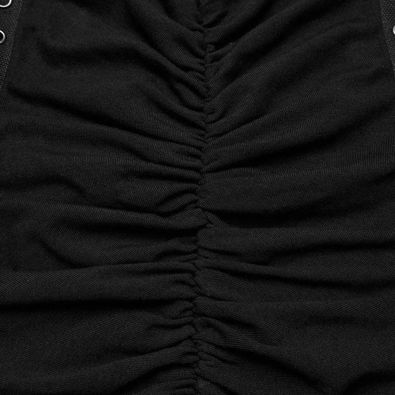 Damen-Slipkleid mit Punk-Schnalle und Schnürung im Distressed-Look, Schwarz