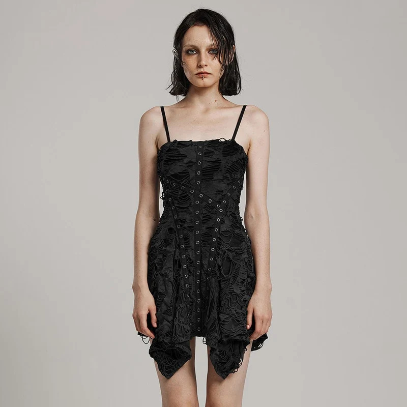 Damen Punk-Slipkleid mit unregelmäßigen Löchern und Löchern in Schwarz
