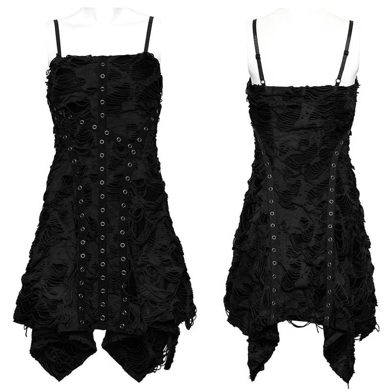 Damen Punk-Slipkleid mit unregelmäßigen Löchern und Löchern in Schwarz