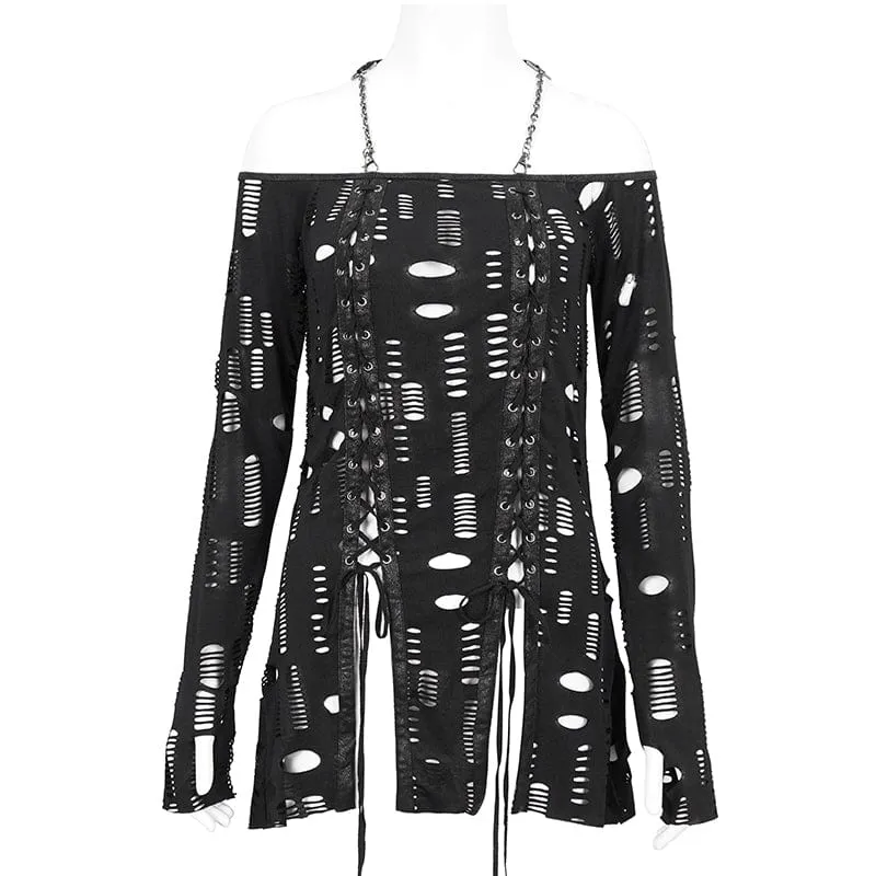 Gothic Ripped Split Neckholder-Hemd für Damen