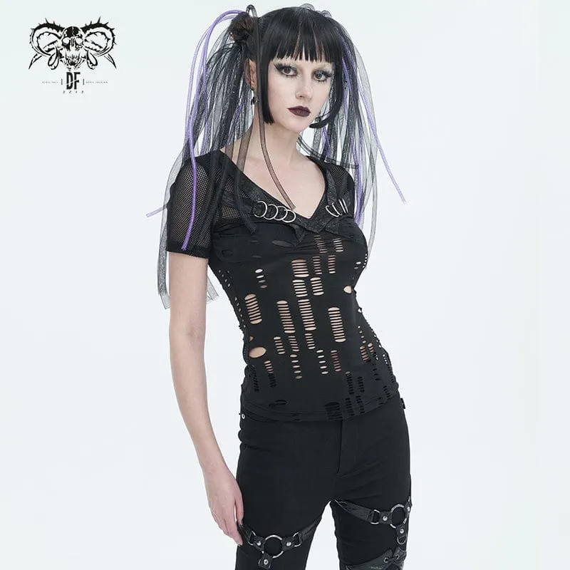 Gothic tiefes, zerrissenes Mesh-Shirt für Damen