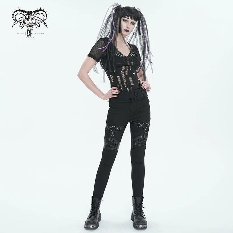 Gothic tiefes, zerrissenes Mesh-Shirt für Damen