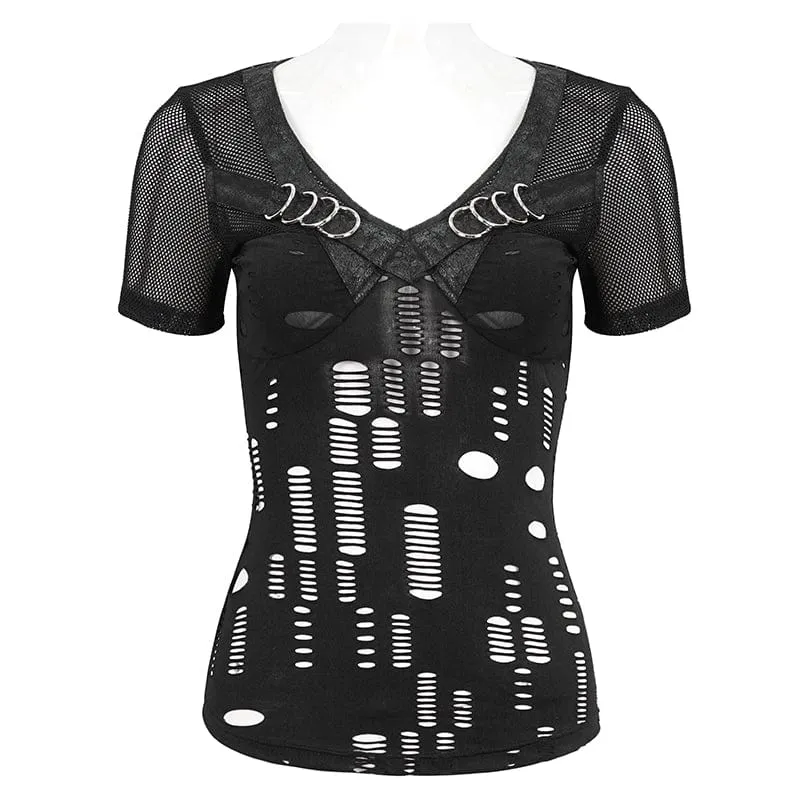 Gothic tiefes, zerrissenes Mesh-Shirt für Damen