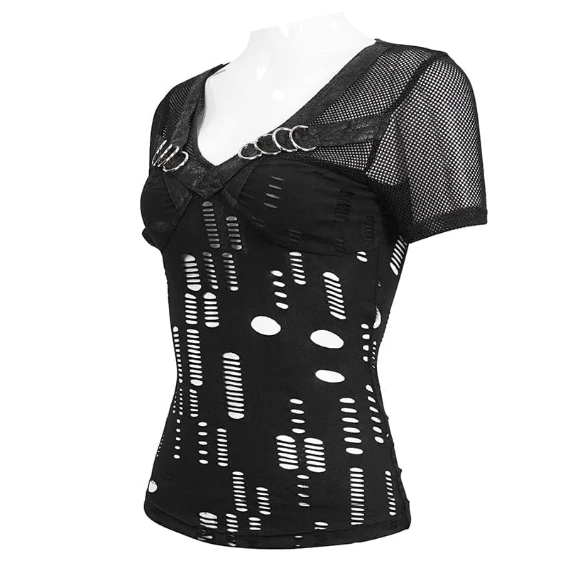 Gothic tiefes, zerrissenes Mesh-Shirt für Damen