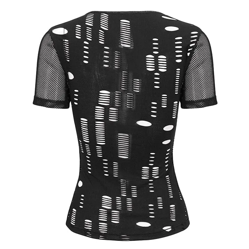 Gothic tiefes, zerrissenes Mesh-Shirt für Damen