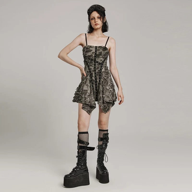 Damen-Slipkleid im Punk-Stil mit zerrissenen Ösen und unregelmäßigem Used-Look