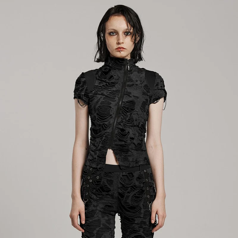 Damen Punk Ripped Distressed Kurzarmhemd Schwarz