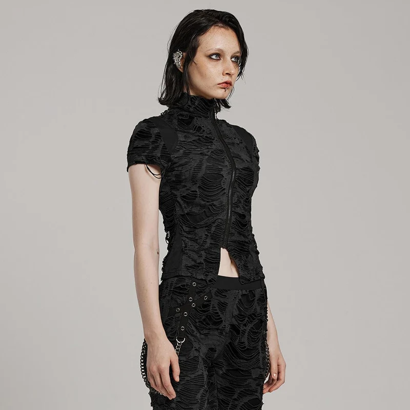 Damen Punk Ripped Distressed Kurzarmhemd Schwarz