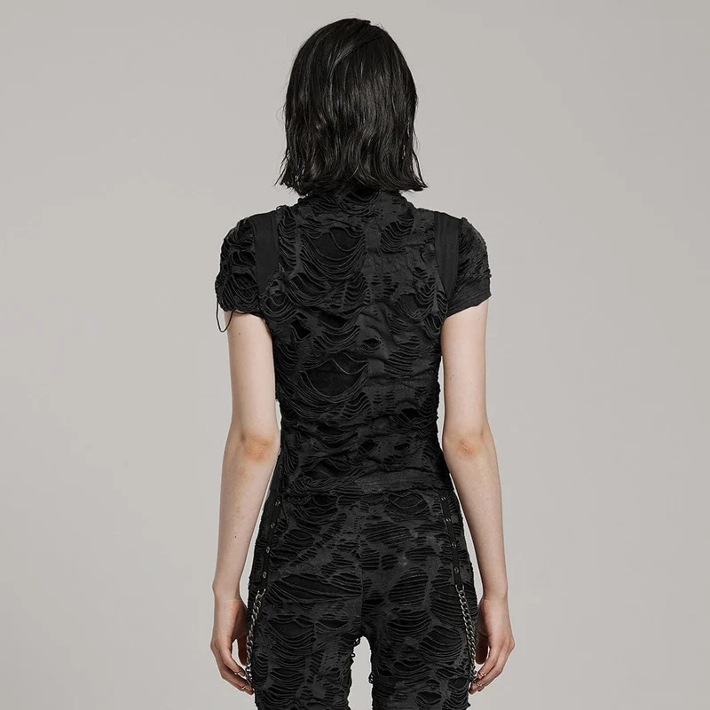 Damen Punk Ripped Distressed Kurzarmhemd Schwarz