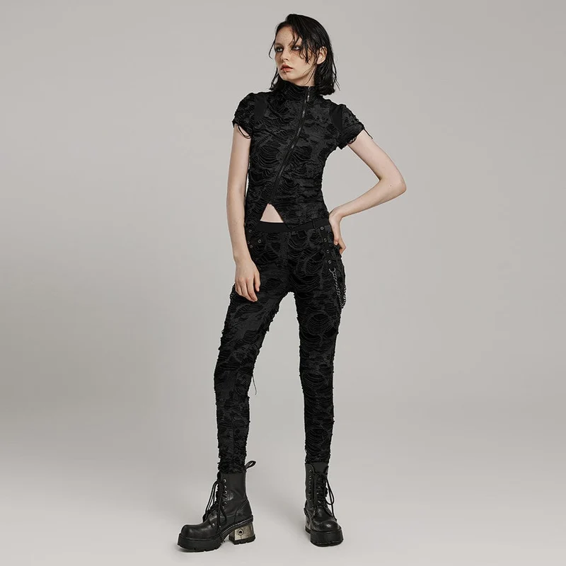 Damen Punk Ripped Distressed Kurzarmhemd Schwarz